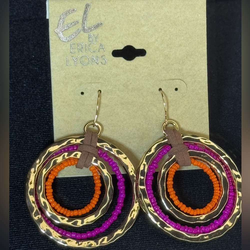 Erica Lyon Gold Pink Orange Rings Dangling Hook Earrings 2.5 inch